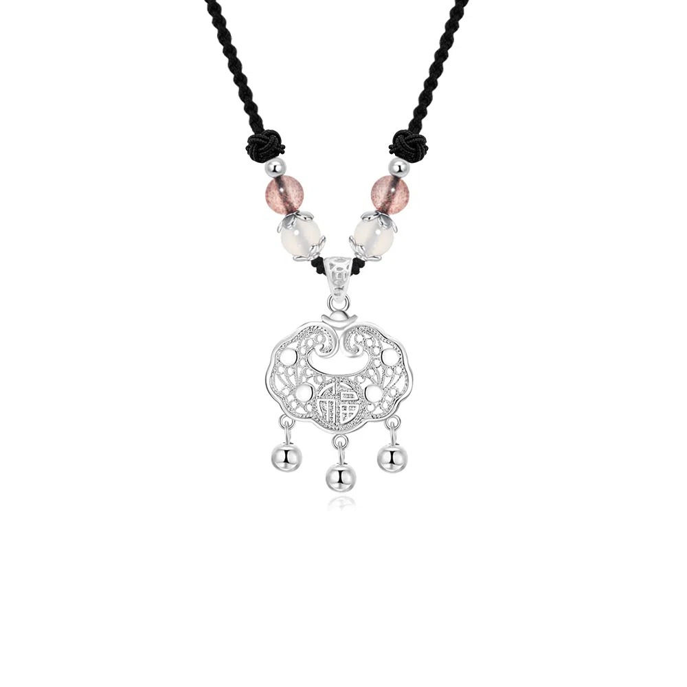 【S999足银纯银】六桂福  平安锁平安扣新中式国潮国风如意长命锁小众镂空锁包手工编绳锁骨链招财纳福转运 福韵金 好运 礼盒装 项链 女款