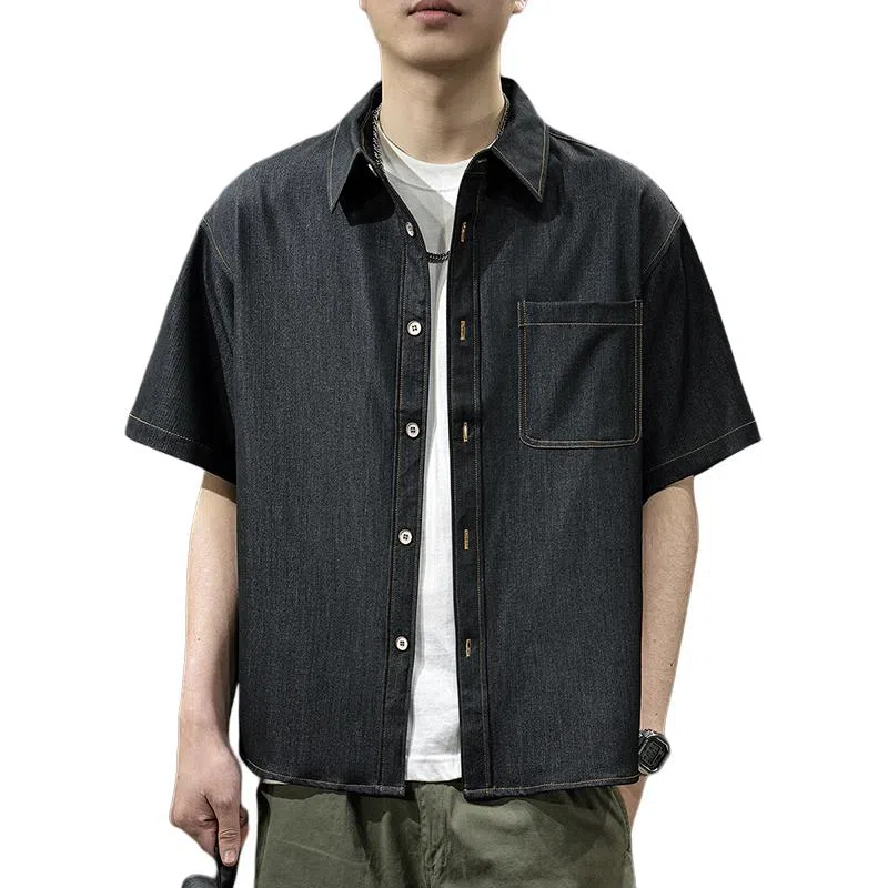 前进牛 美式经典复古潮牌辑明线简约休闲宽松牛仔休闲衬衣夏季短袖衬衫 男女同款