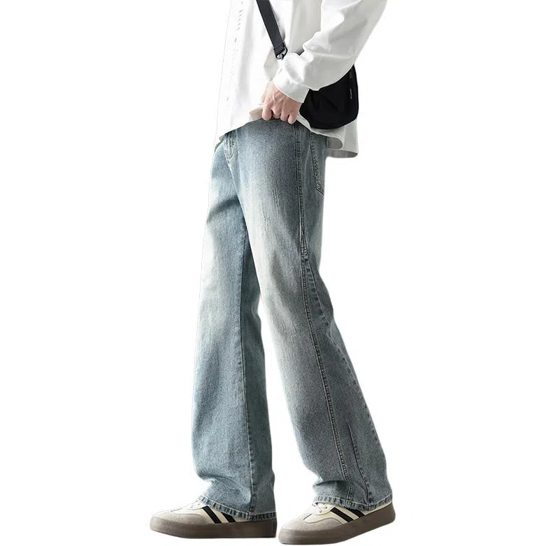 尘映 美式街头设计弹力潮牌痞帅裤子休闲宽松微阔腿牛仔裤 男女同款