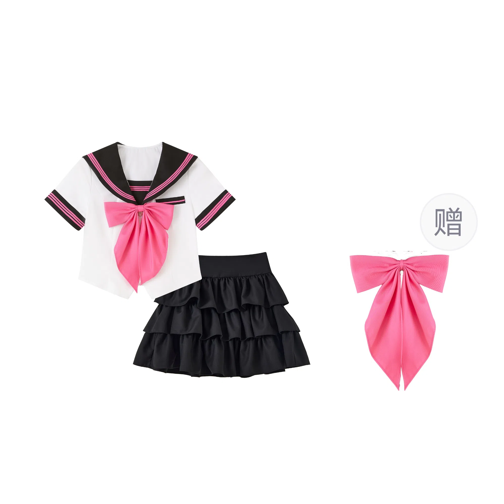 御茶家 小巧莓原创学院风水手服初恋感海军领短款收腰显瘦截短上衣蓬蓬蛋糕裙半身裙裙装套装 女款