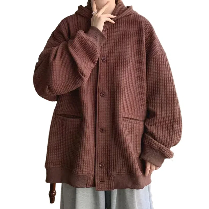 玉儿恋 美式复古纯色宽松百搭开衫连帽加厚夹克外套 男款