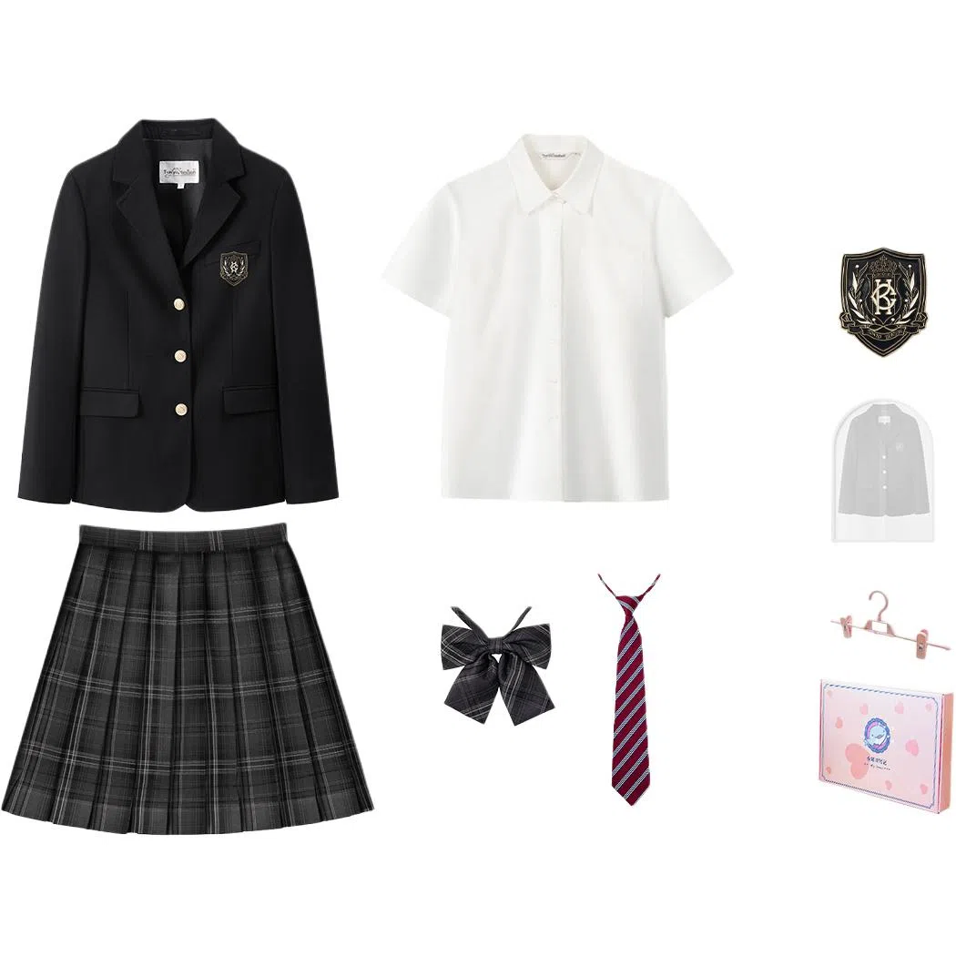 东鲸岁时记 学院风西装领长袖上衣长袖格子百褶短裙制服 女款 礼盒装 黑色