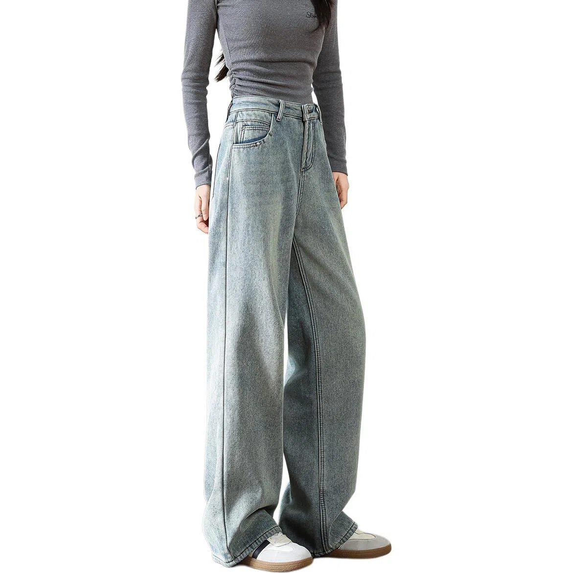 法文箱子 纯色高腰直筒舒适牛仔裤 女款 浅蓝