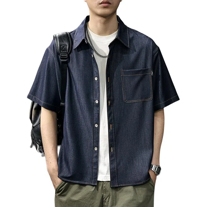 前进牛 美式经典复古潮牌辑明线简约休闲宽松牛仔休闲衬衣夏季短袖衬衫 男女同款