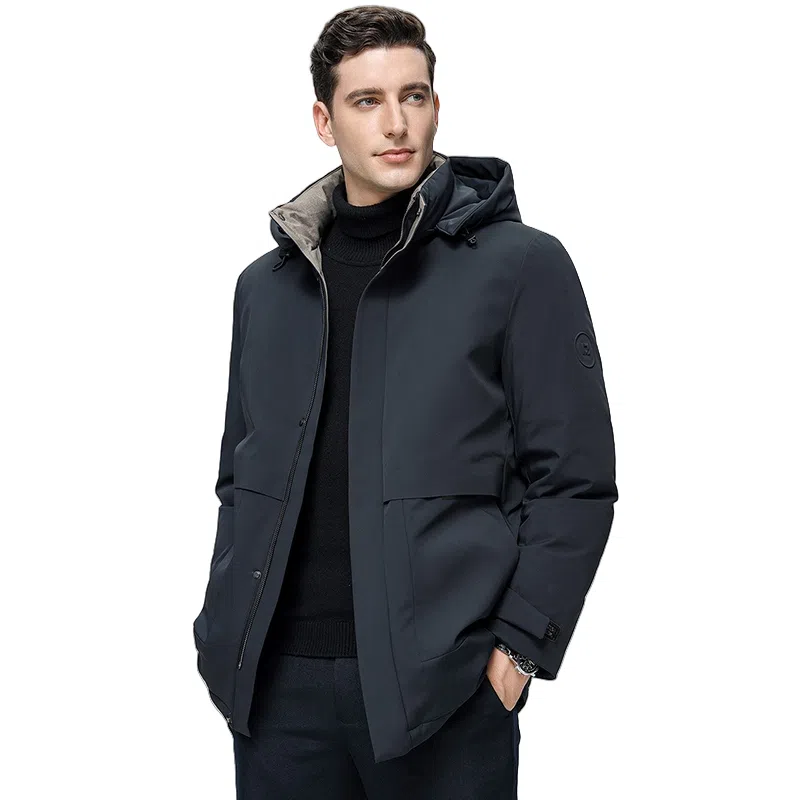 鸭鸭 中老年爸爸装纯色商务休闲厚款拆卸连帽外套户外防寒保暖石墨烯鹅绒羽绒服 男款