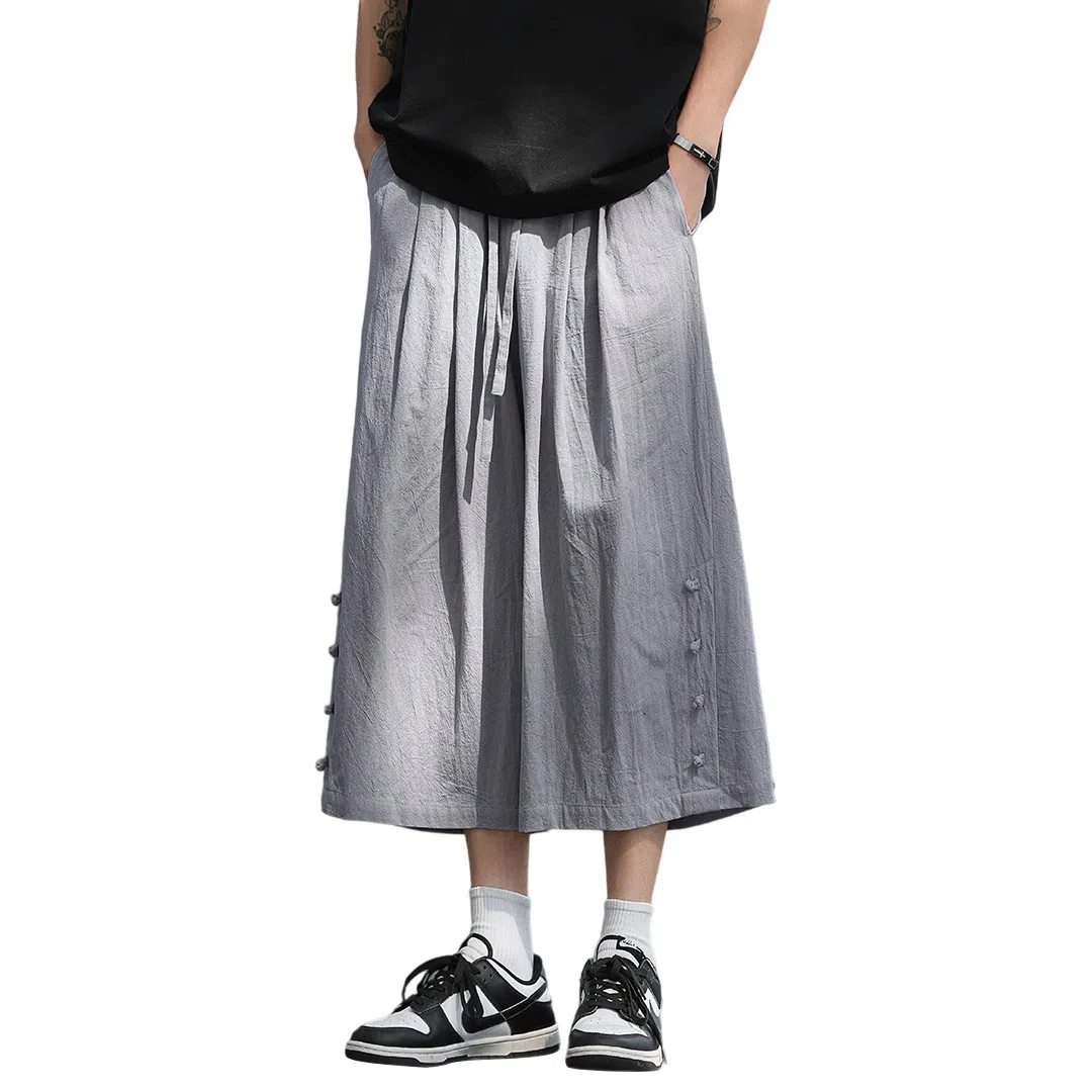 顶峰保罗 新中式纯棉薄款宽松阔腿国潮无性别主义纯色潮牌盘扣七分裤弹力抽绳显高直筒大码休闲短裤 男女同款