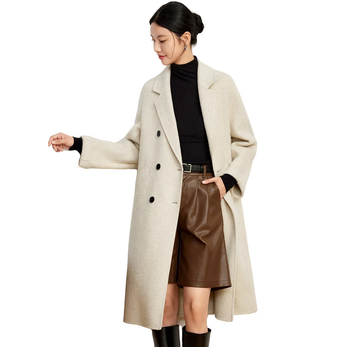 富铤 纯色简约西装领双排扣中长款大衣 女款