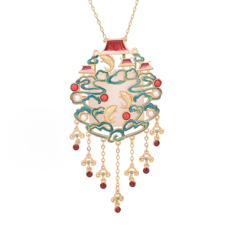 彤彤兔 中式国潮配饰鱼跃龙门流苏古风旗袍 铜 项链 女款