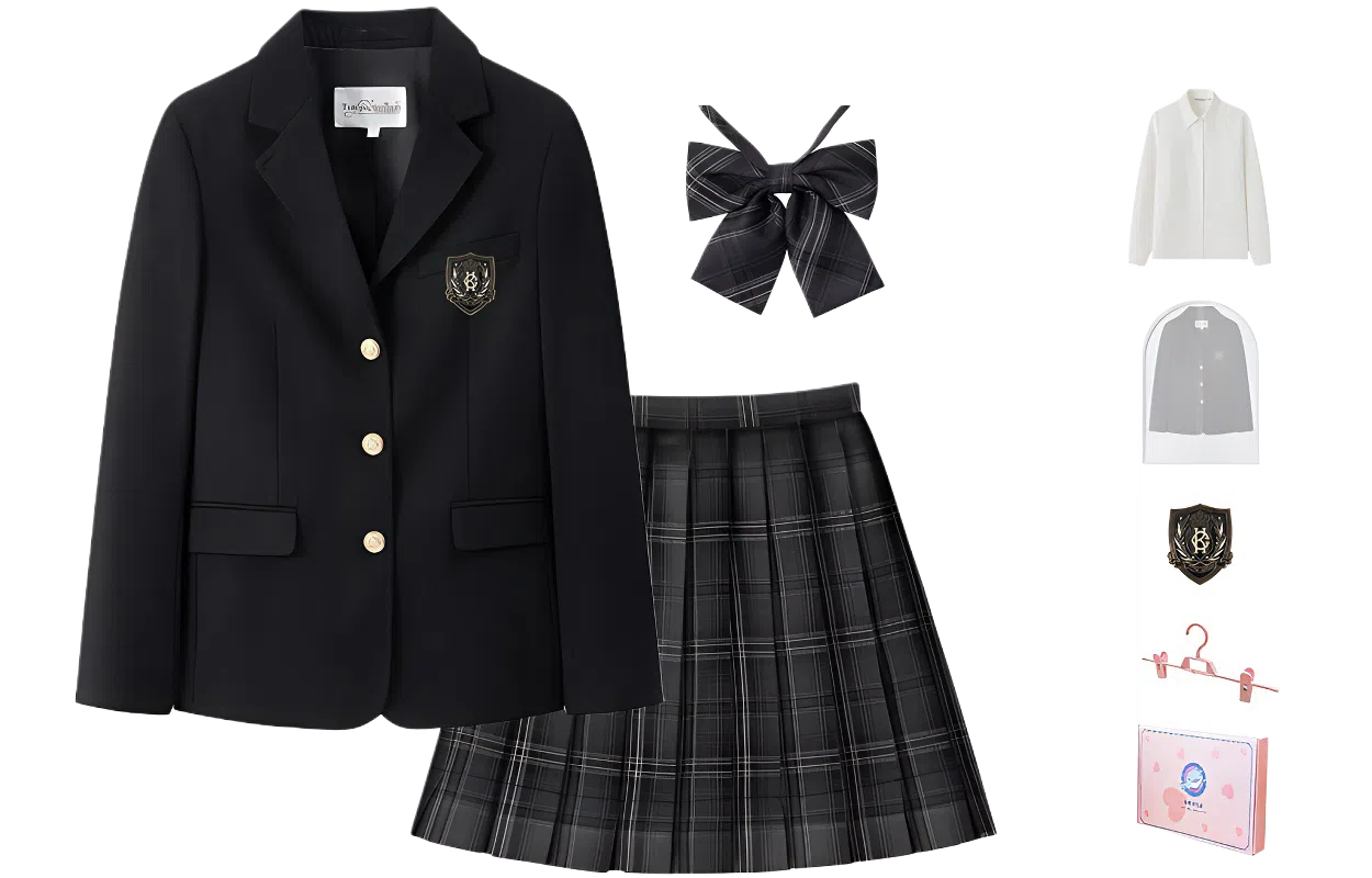 东鲸岁时记 学院风西装领长袖上衣长袖格子百褶短裙制服 女款 礼盒装 黑色