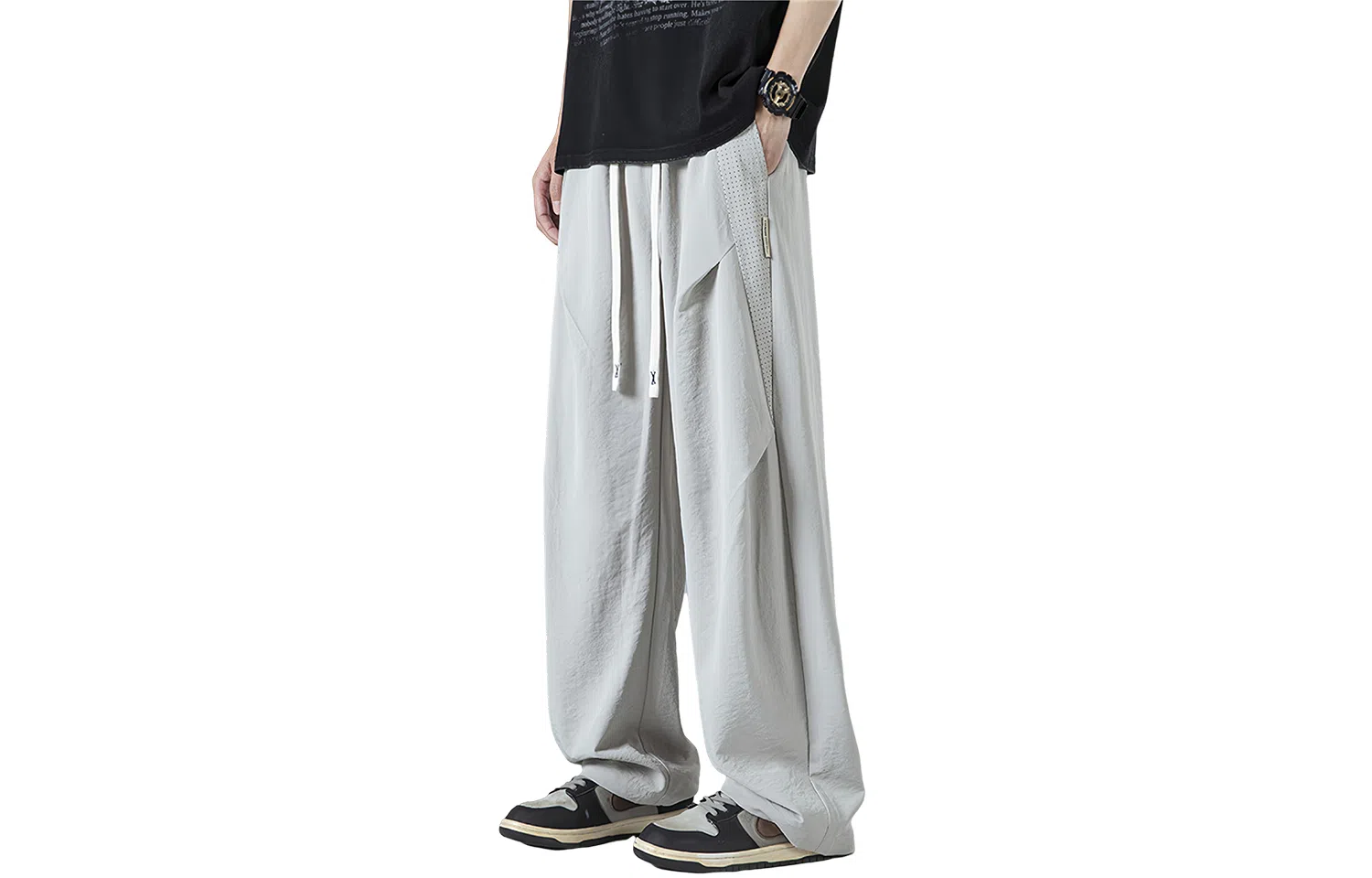 【dme】 美式高街基础款纯色简约激光冲孔宽松舒适冰丝梭织顺滑凉感日常户外百搭松紧腰系带学院风直筒休闲裤 男女同款