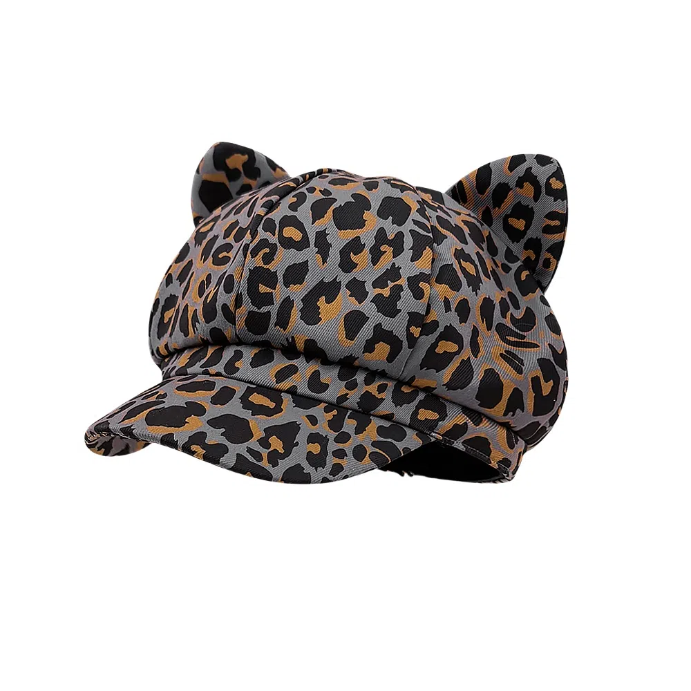 钓鱼熊 美式复古辣妹猫耳豹纹八角帽子春夏遮阳时尚个性百搭鸭舌帽 棉 贝雷帽 女款