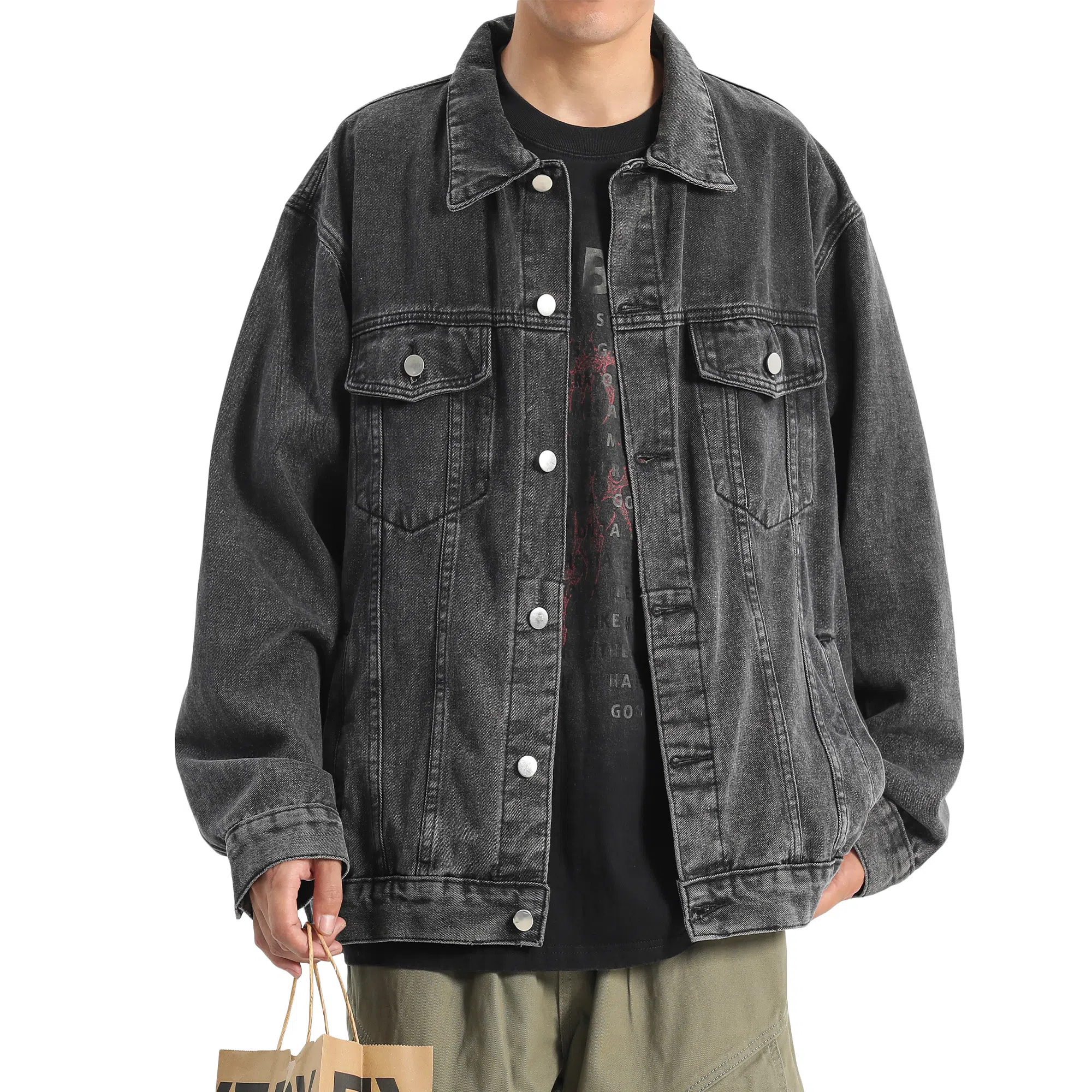 王者荣耀 明世隐款 美式街头复古做旧舒适宽松纯色背后手写印花潮流百搭翻领长袖牛仔外套 男女同款