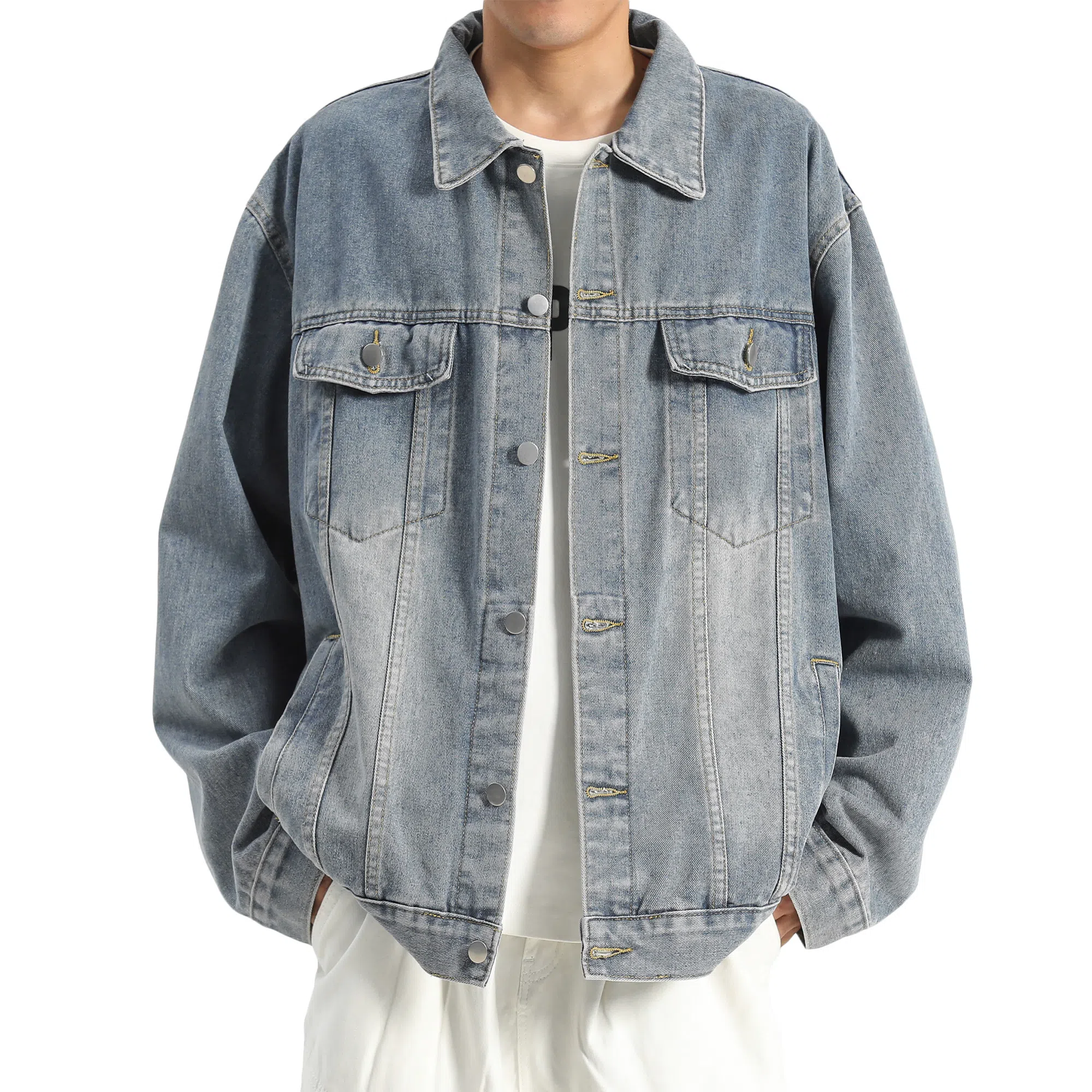 王者荣耀 明世隐款 美式街头复古做旧舒适宽松纯色背后手写印花潮流百搭翻领长袖牛仔外套 男女同款