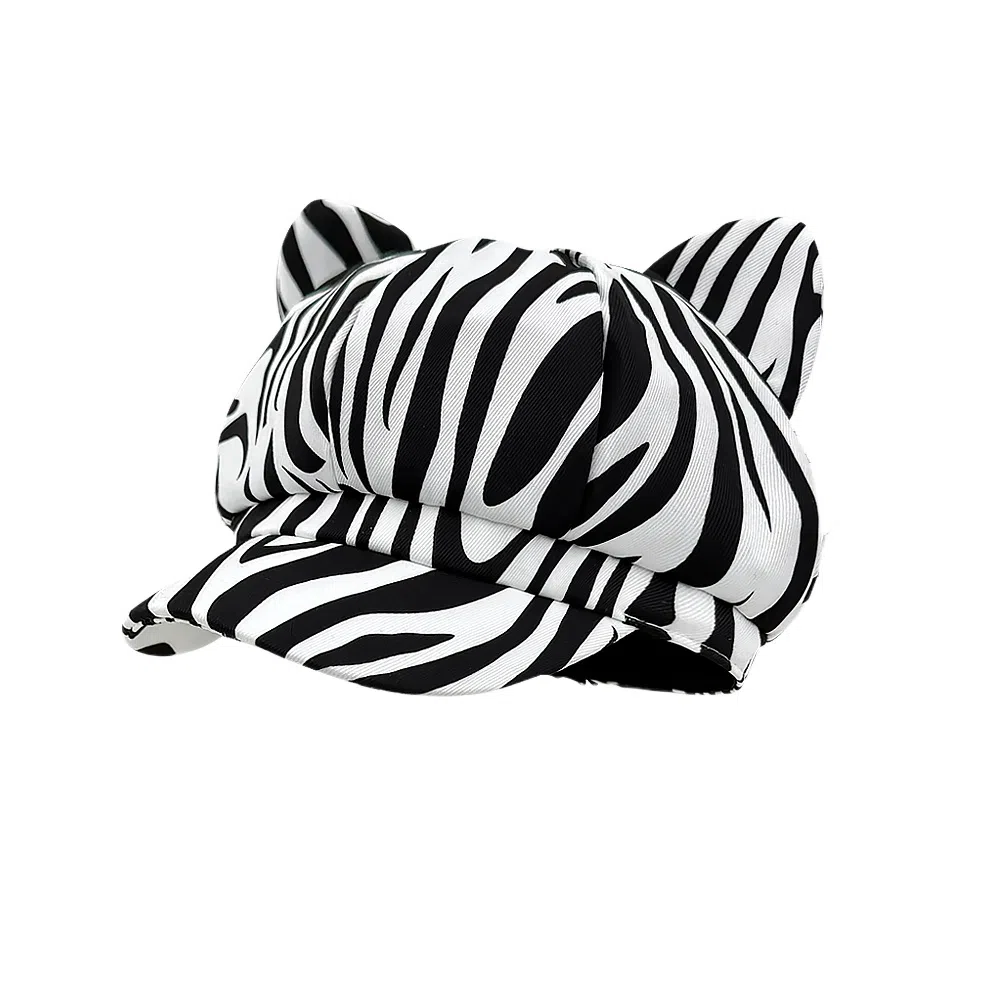 钓鱼熊 美式复古辣妹猫耳豹纹八角帽子春夏遮阳时尚个性百搭鸭舌帽 棉 贝雷帽 女款