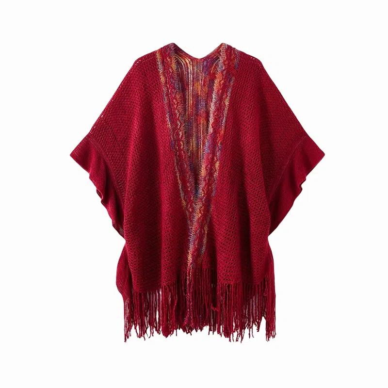 北极绒 潮流氛围感民族风开衩荷叶边时尚镂空开衫外搭 披肩 男女同款情侣款