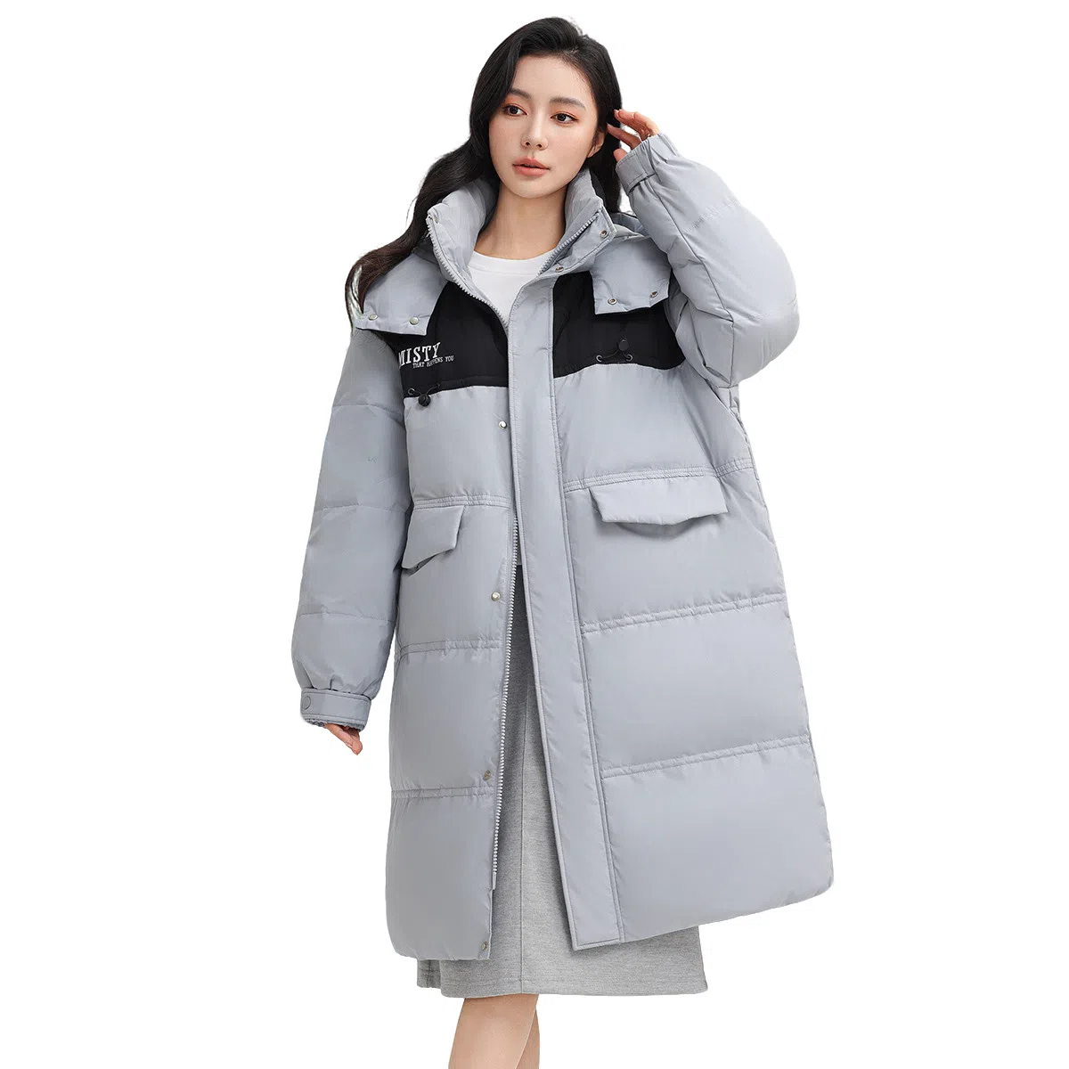 鸭鸭 拼色简约保暖纯色舒适休闲连帽长款外套羽绒服 男女同款