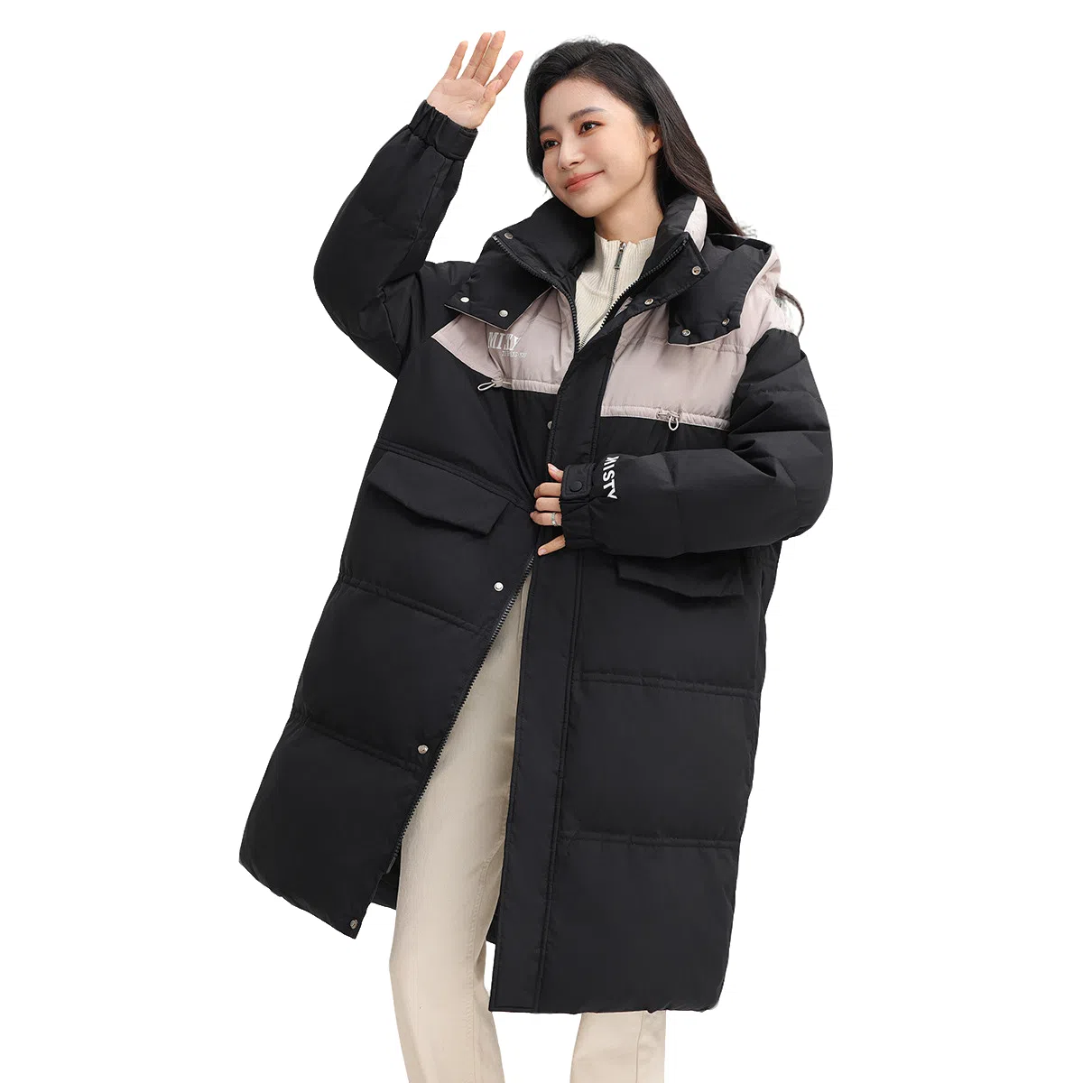 鸭鸭 拼色简约保暖纯色舒适休闲连帽长款外套羽绒服 男女同款