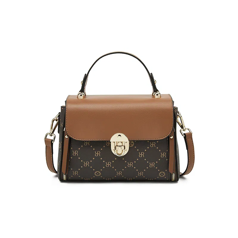 老人头 时尚高级感小众设计时髦优雅气质通勤 合成革 单肩斜挎手提包 女款 咖啡色/米白色