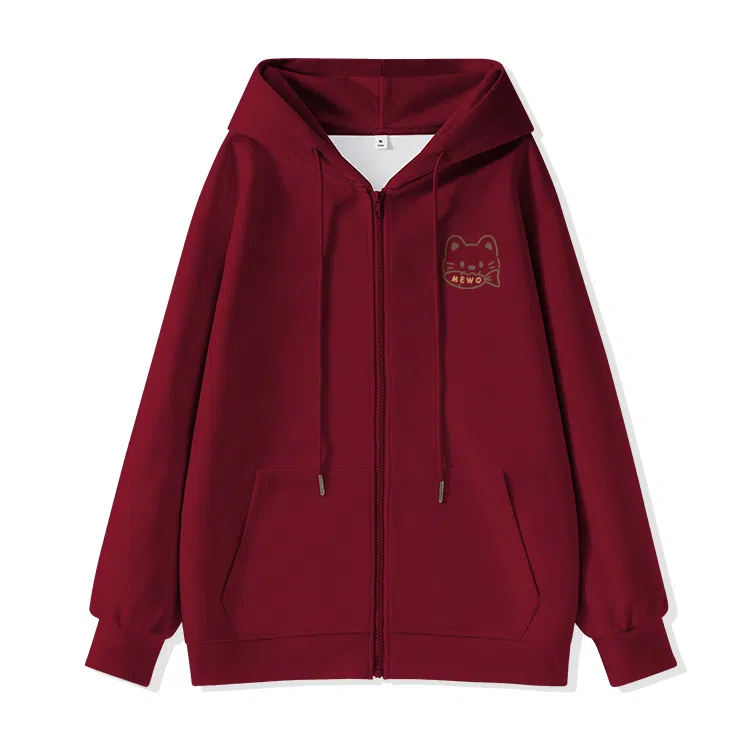 棉致 潮流时尚线条小猫简约纯色牛奶丝复合抗皱连帽舒适宽松休闲长袖卫衣 女款