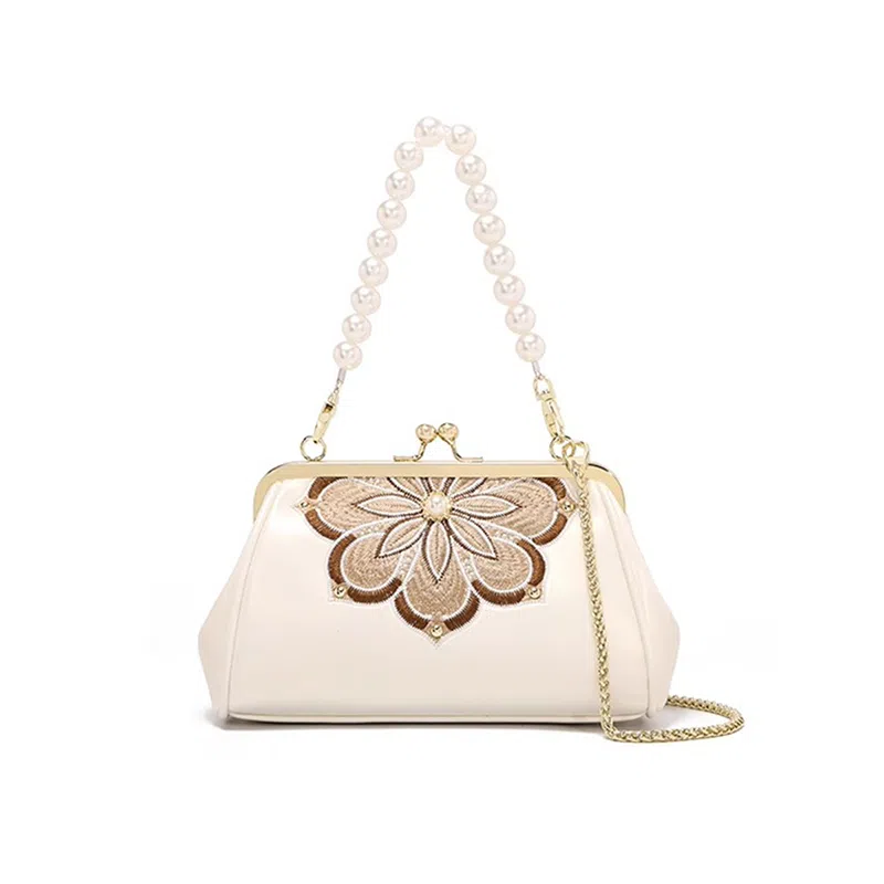 老人头 新中式国风刺绣优雅气质 合成革 斜挎单肩手提包 常规 女款 白色