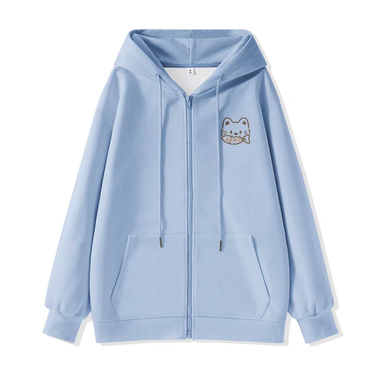 棉致 潮流时尚线条小猫简约纯色牛奶丝复合抗皱连帽舒适宽松休闲长袖卫衣 女款