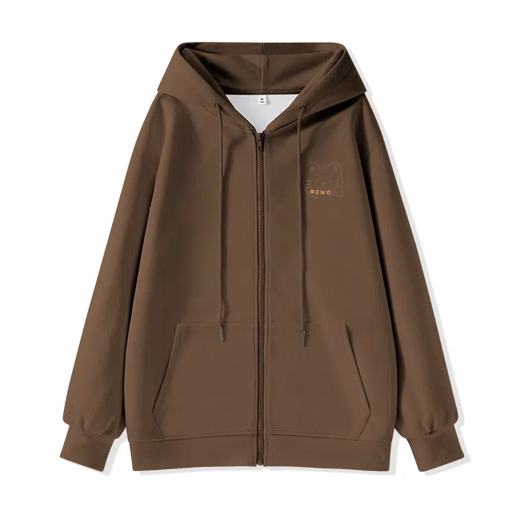 棉致 潮流时尚线条小猫简约纯色牛奶丝复合抗皱连帽舒适宽松休闲长袖卫衣 女款