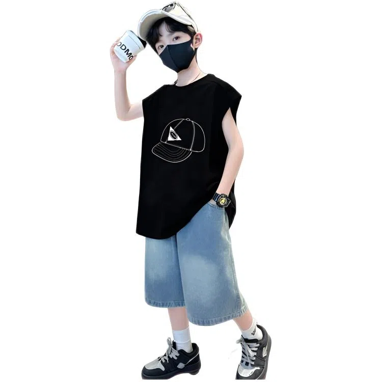 木木兔休闲运动套装 时髦洋气无袖背心牛仔裤时尚男孩宽松舒适两件套 儿童款