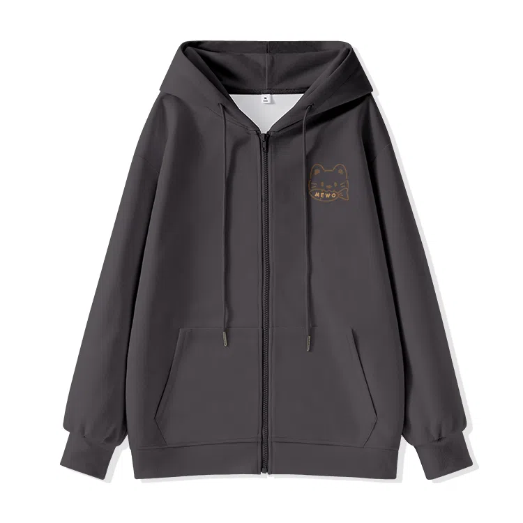 棉致 潮流时尚线条小猫简约纯色牛奶丝复合抗皱连帽舒适宽松休闲长袖卫衣 女款