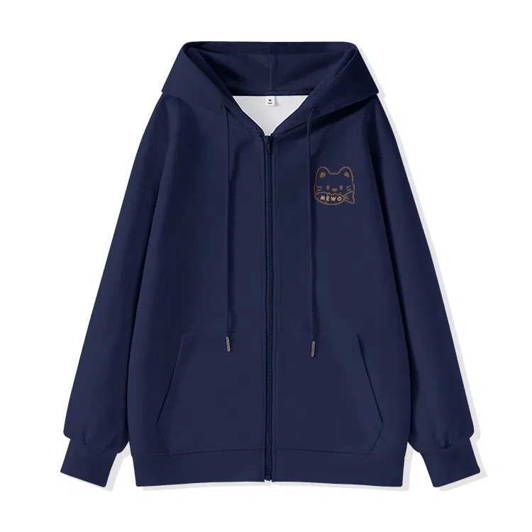 棉致 潮流时尚线条小猫简约纯色牛奶丝复合抗皱连帽舒适宽松休闲长袖卫衣 女款