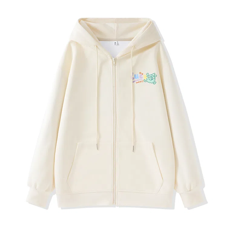 棉致 时尚百搭卡通涂鸦简约纯色牛奶丝复合抗皱连帽宽松休闲日常长袖卫衣 女款