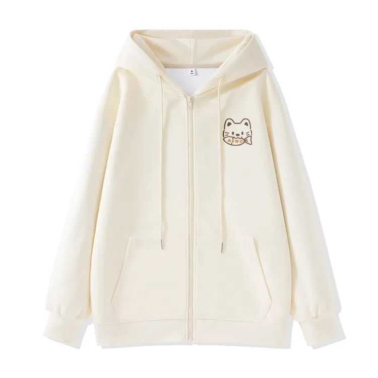 棉致 潮流时尚线条小猫简约纯色牛奶丝复合抗皱连帽舒适宽松休闲长袖卫衣 女款