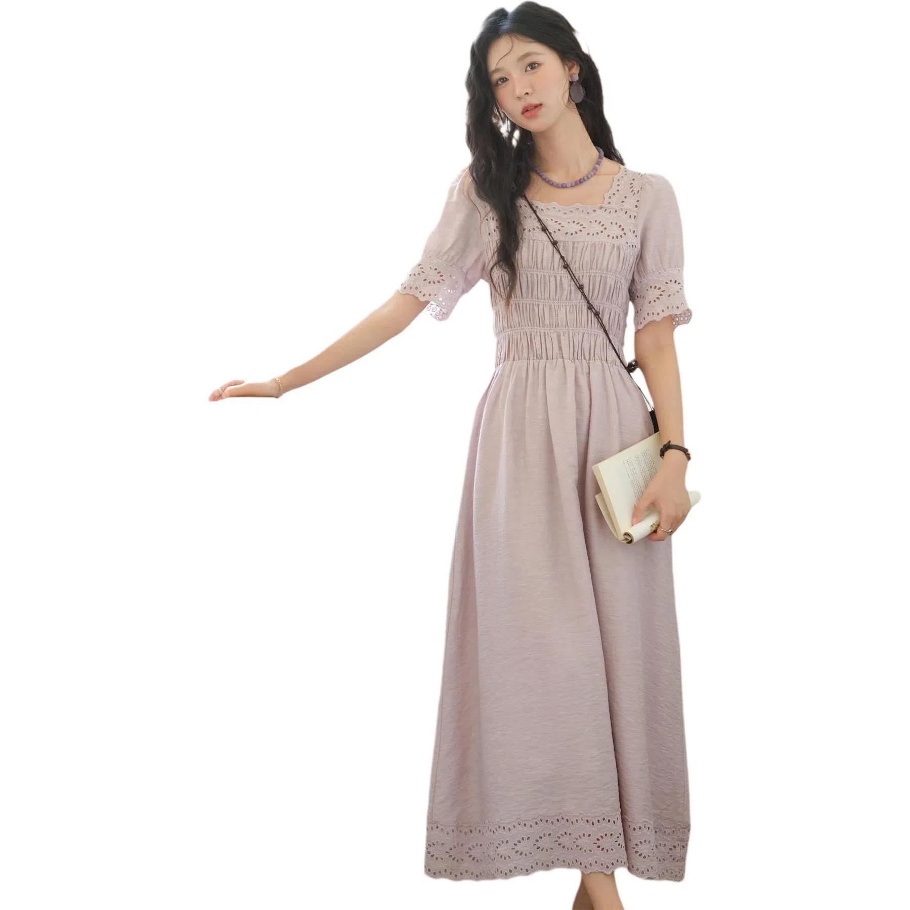 谜秀 蕾丝夏季纯色短袖连衣裙 女款 紫色