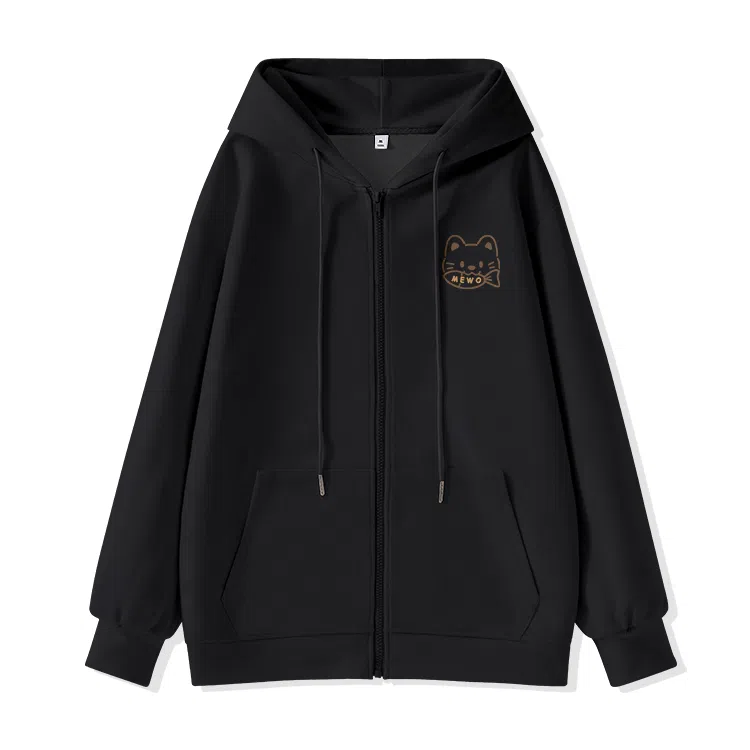 棉致 潮流时尚线条小猫简约纯色牛奶丝复合抗皱连帽舒适宽松休闲长袖卫衣 女款