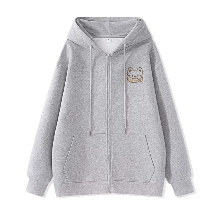 棉致 潮流时尚线条小猫简约纯色牛奶丝复合抗皱连帽舒适宽松休闲长袖卫衣 女款