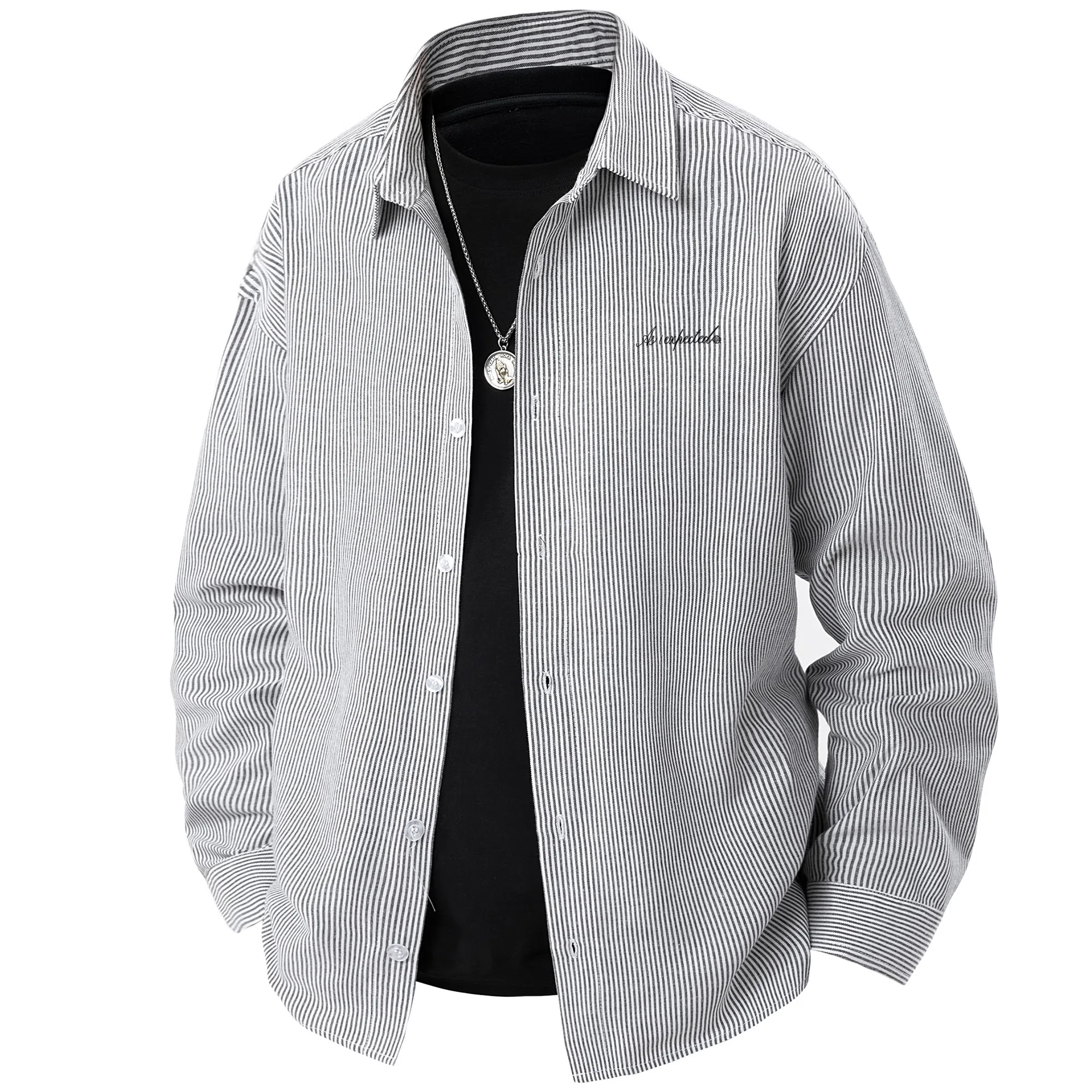 王者荣耀 经典翻领条纹长袖小众休闲简约设计字母印花美式街头复古潮流时尚通勤日常百搭宽松舒适慵懒氛围感无性别主义学院风衬衫 男女同款