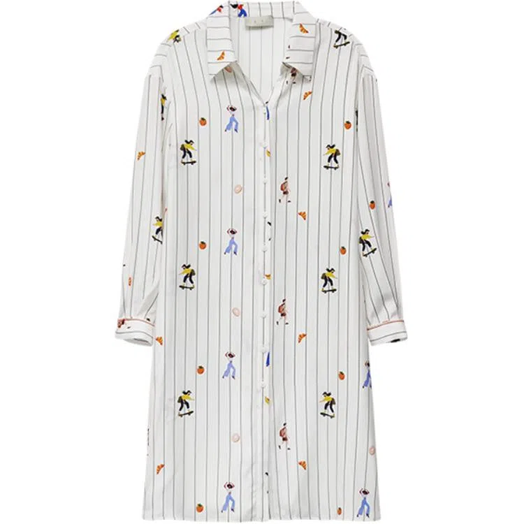 桑罗 卡通童趣印花俏皮衬衫裙桑蚕丝宽松显瘦家居服可外穿长袖睡裙 女款