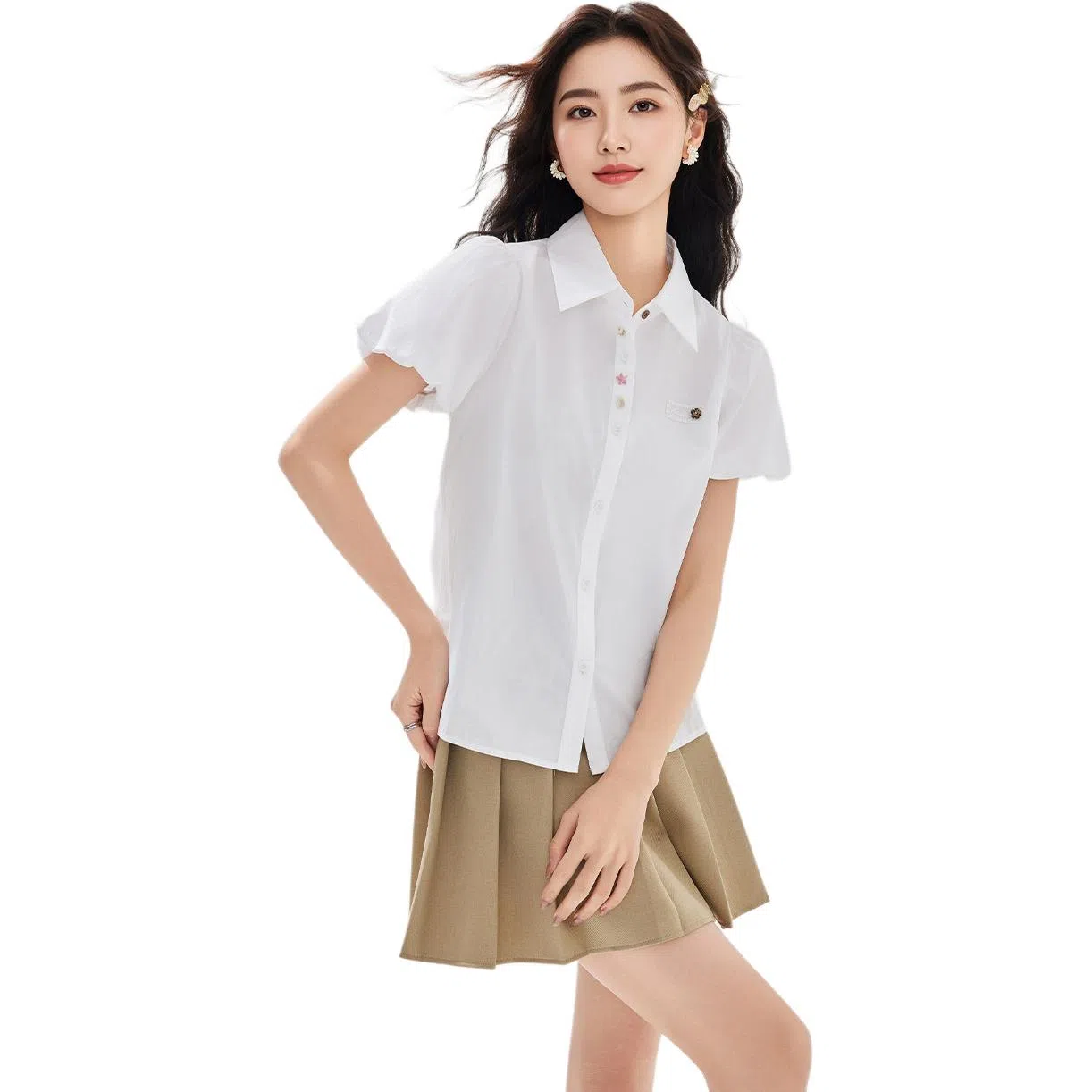 爱依服 简约纯色休闲通勤短袖衬衫 女款