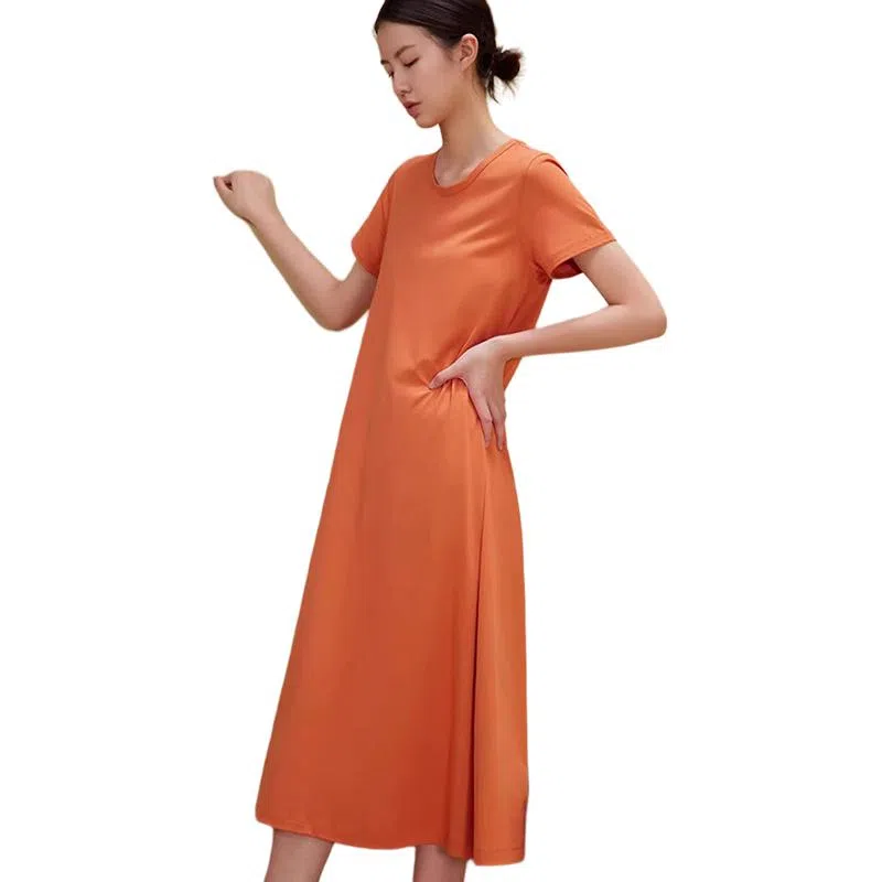 莫代尔 长绒纯棉圆领宽松纯色短袖连衣裙 女款