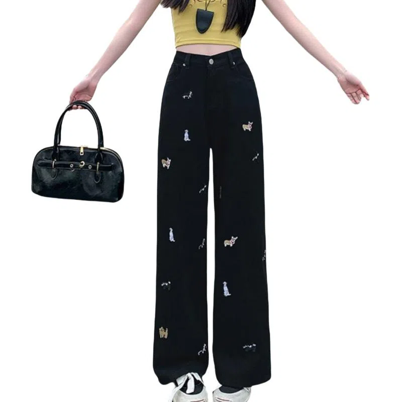兰缪 小狗刺绣阔腿宽松拖地裤时尚休闲趣味图案高腰显瘦直筒牛仔裤 女款