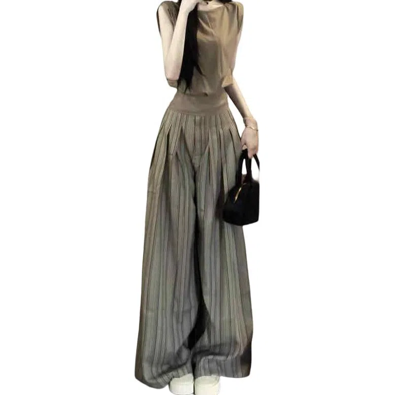 沐晓欣 韩系无袖上衣条纹阔腿裤休闲套装 女款