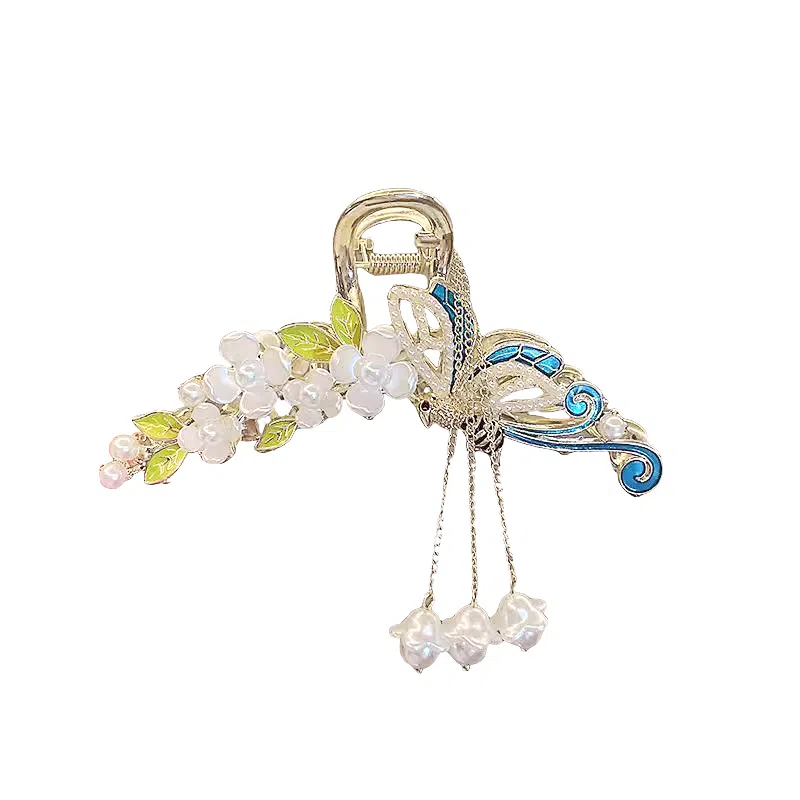 建禄 高级感国风花朵蓝蝴蝶简约抓夹小清新小众鲨鱼夹设计优雅发饰气质通勤百搭#好运 合金 发夹 女款