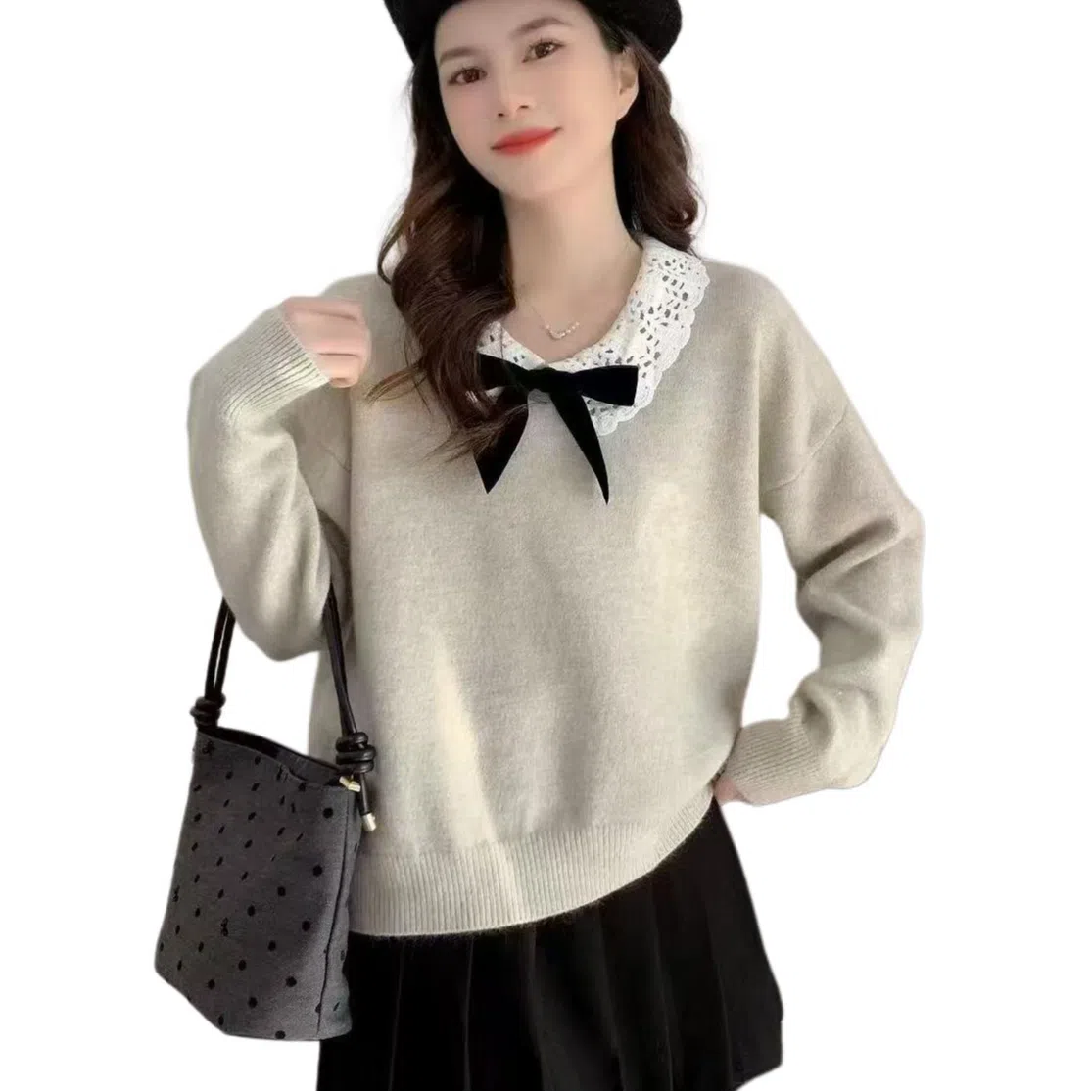 柏黛妃 韩系气质蝴蝶结长袖针织衫 女款