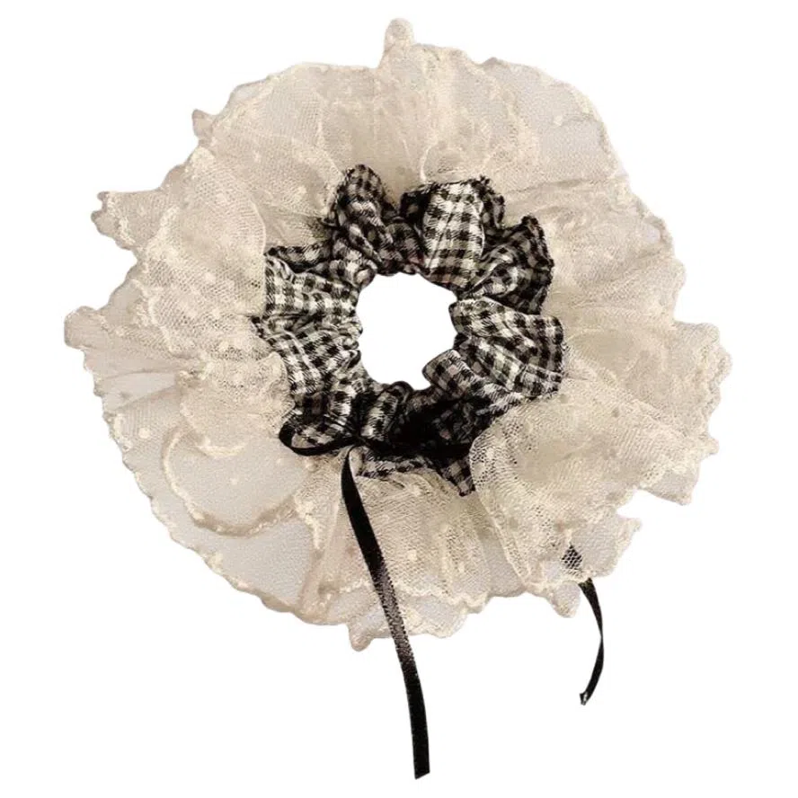 希铃 韩系复古黑白格子 蕾丝 发圈 女款