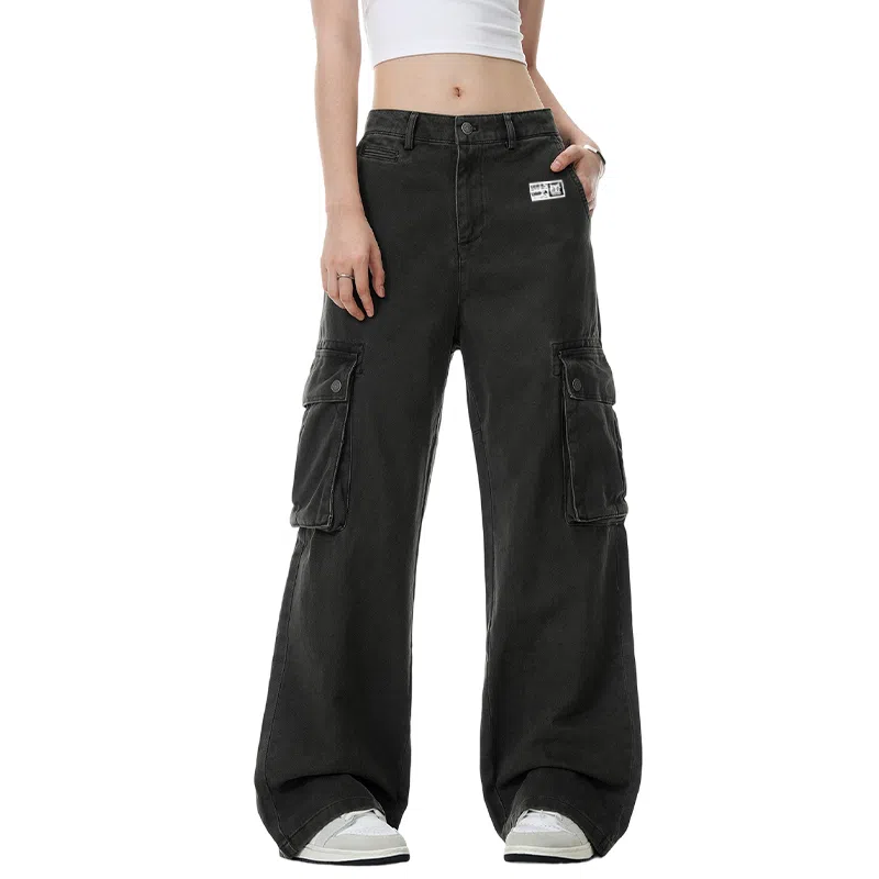 王者荣耀 鲁班七号款 美式街头舒适宽松水洗做旧大口袋设计装饰微喇拖地长裤牛仔裤 男女同款