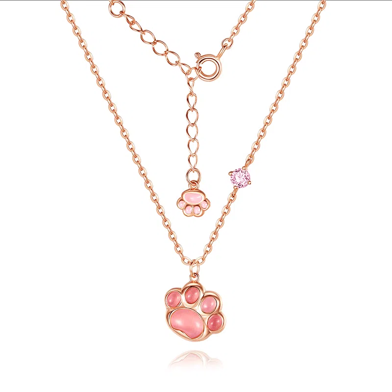 福茹记 粉嘟嘟 可爱猫爪粉色萌猫咪招财猫治愈系小动物饰品 精致氛围感百搭#好运 粉水晶 项链 女款