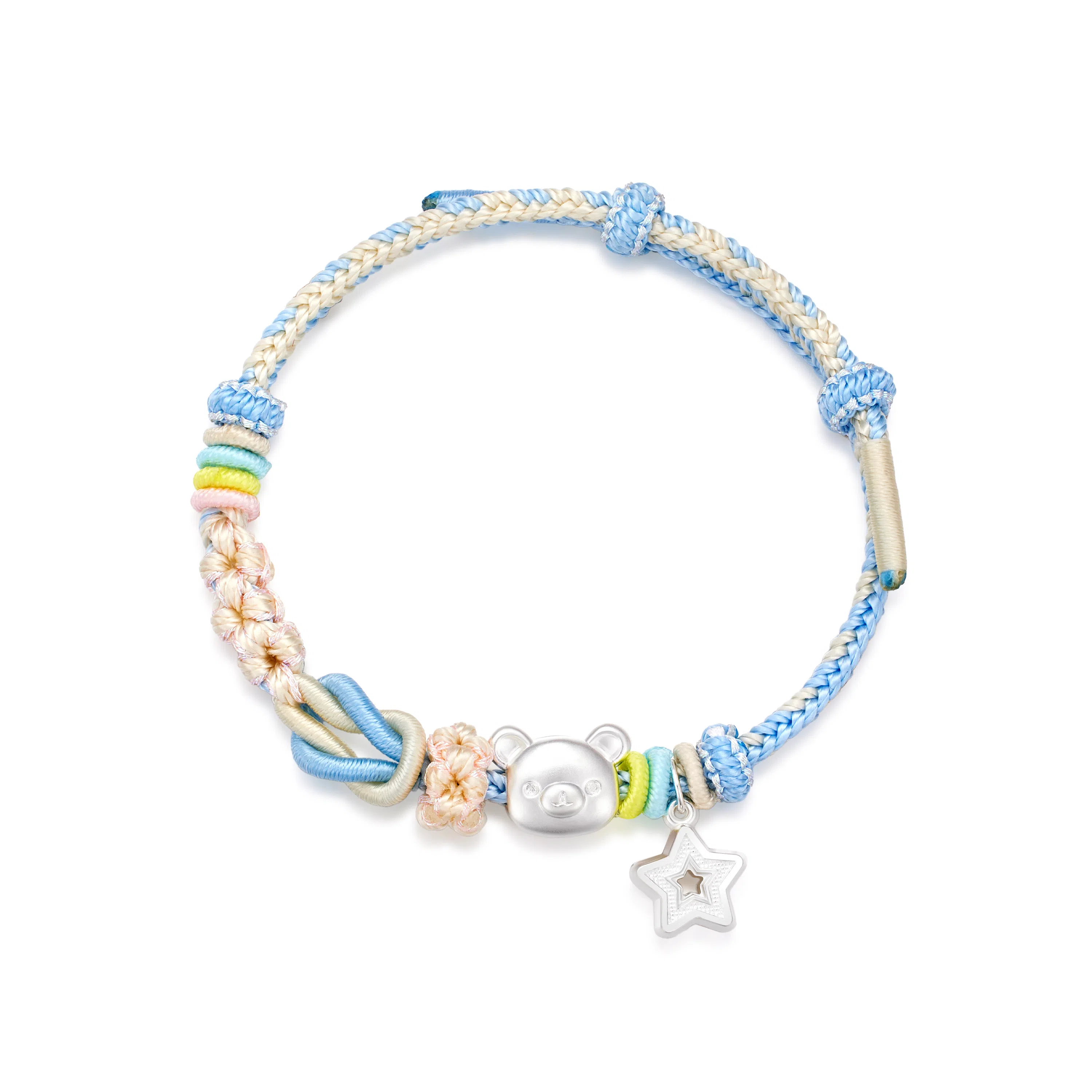 【999足银】 央创时尚 小熊贴贴星星手绳 可爱立体磨砂甜美浪漫多巴胺色萌趣手工编织如意结幸运星#好运 足银 手绳 男女同款情侣款