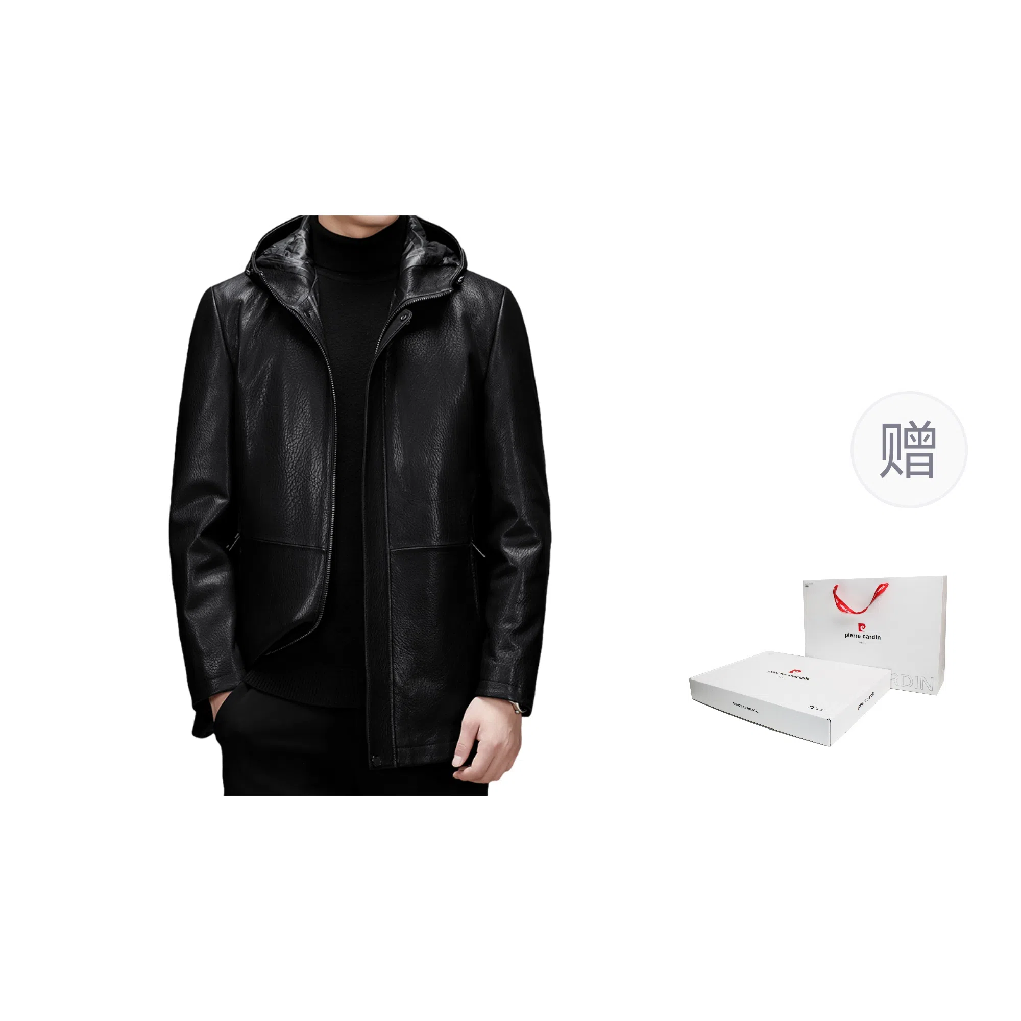 Pierre Cardin Hooded Leather Coat Black