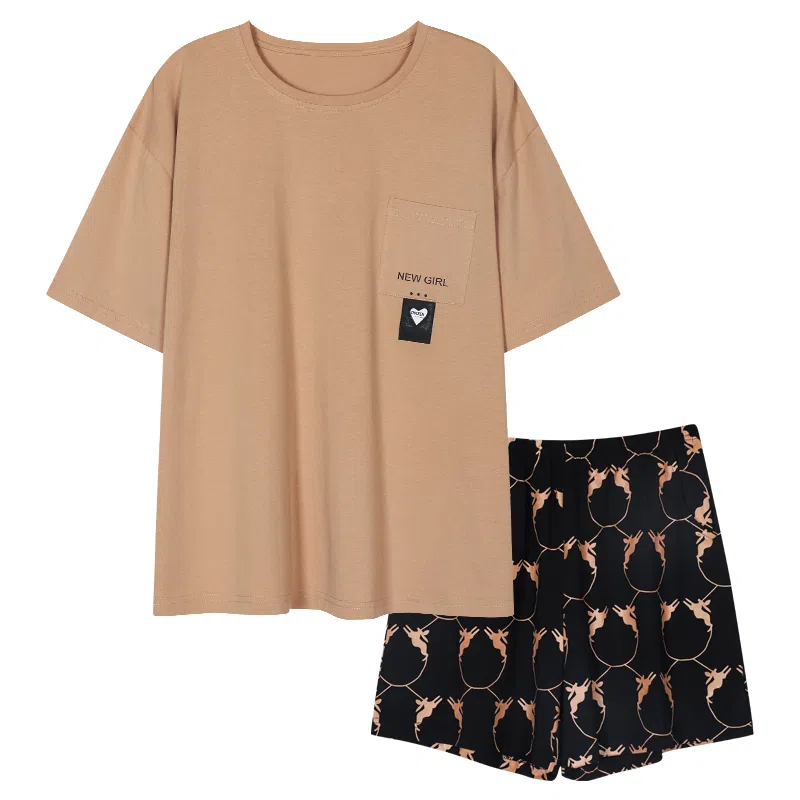 欧迪芬 纯棉圆领亲肤柔软不起球条纹碎花小清新居家舒适可外穿家居服夏季睡衣套装 女款