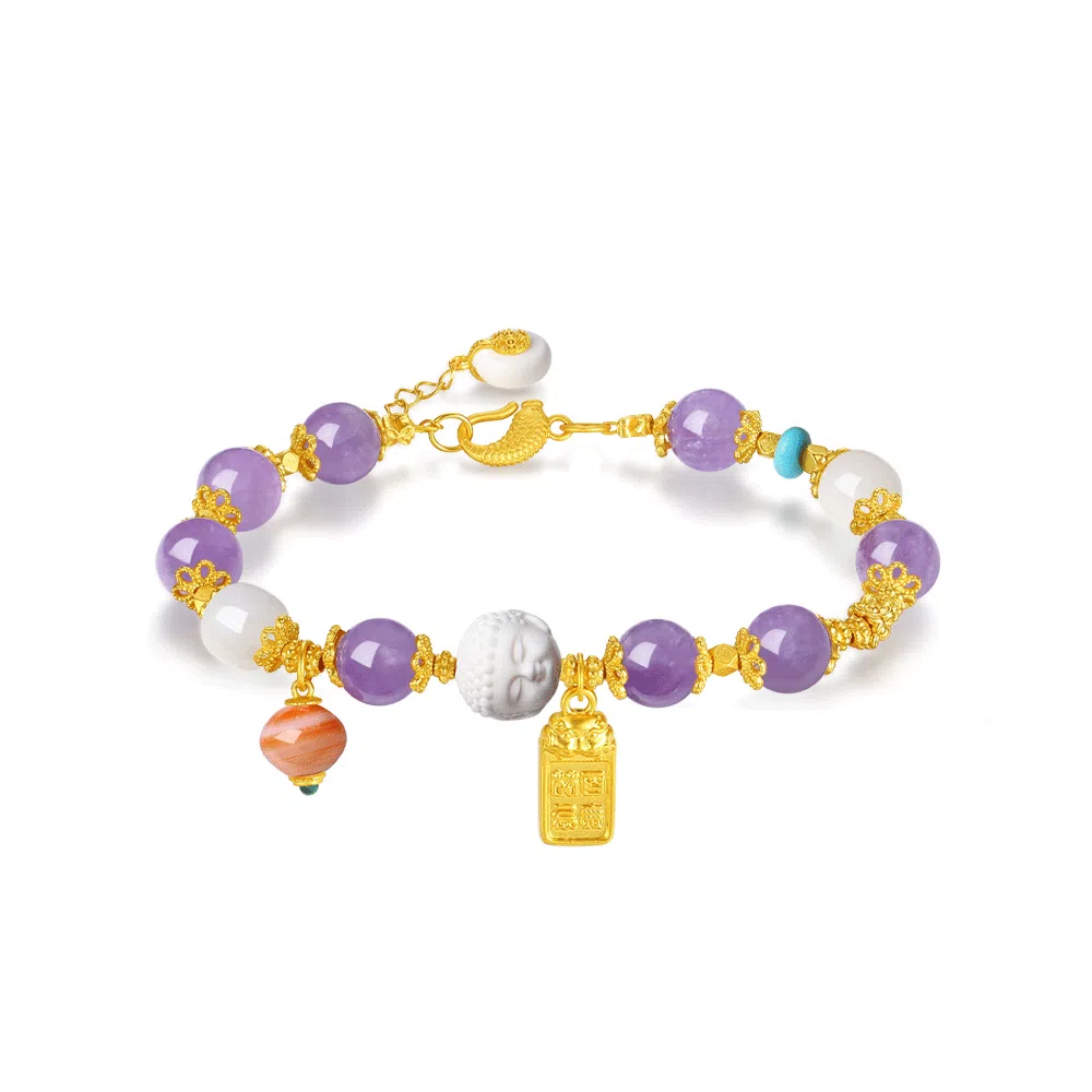 【S925银 招桃花/春夏物语】 福韵金 六桂福 佛头醒狮福牌花朵鲤鱼新中式国财转运紫色成功上岸本命年#好运 紫水晶 手串 女款