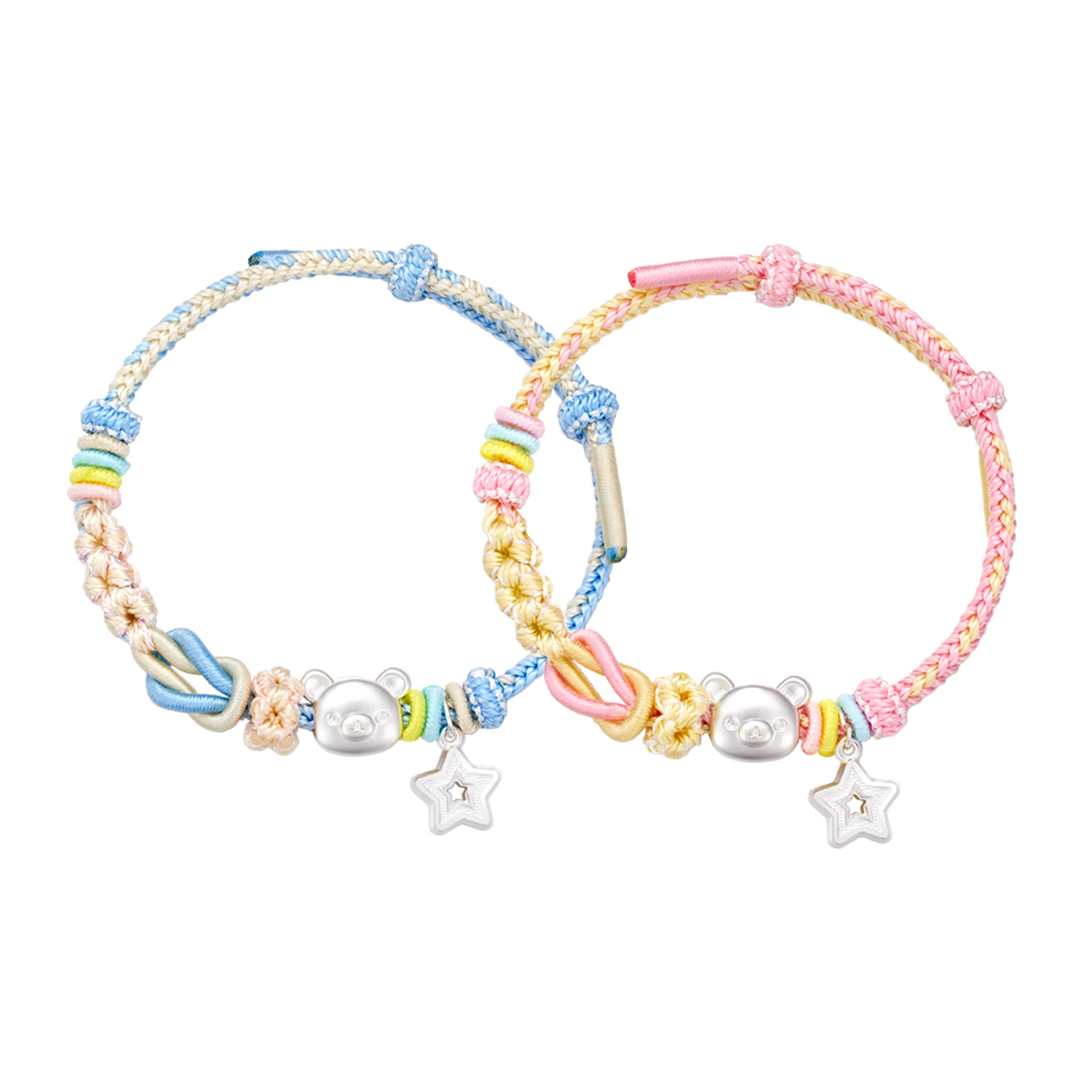 【999足银】 央创时尚 小熊贴贴星星手绳 可爱立体磨砂甜美浪漫多巴胺色萌趣手工编织如意结幸运星#好运 足银 手绳 男女同款情侣款